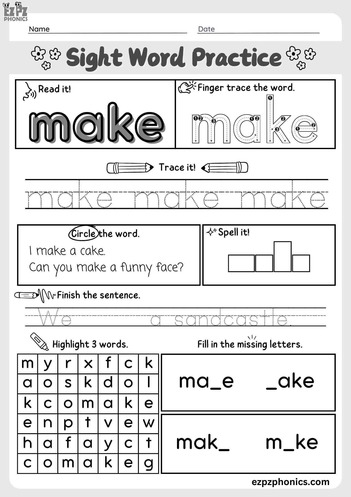 "Make" Dolch Sight Word Worksheet – Fun Activity for Early Readers Free PDF Download